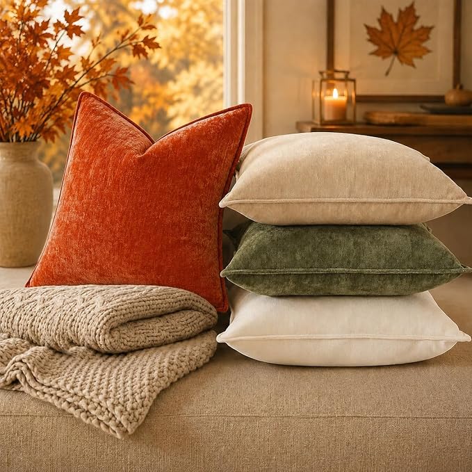 decorUhome Chenille Rust Velvet Throw Pillow Covers 18x18 Set of 2 | Fall Soft Couch Decorative Modern Farmhouse Pillow Cases with Elegant Design for Sofa Bed Living Room Home Decor