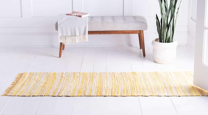Unique Loom Chindi Cotton Collection Soft Hand Woven Natural Fiber Striped Area Rug, 2 ft 2 in x 6 ft 7 in, Yellow/Ivory