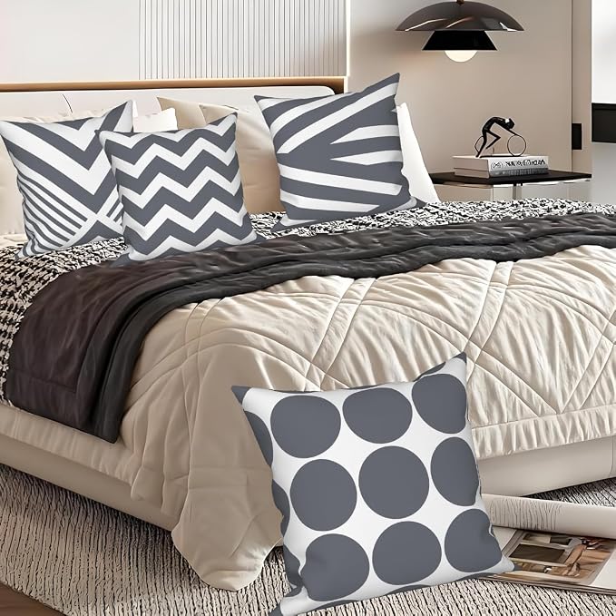 4 Pcs/Set Geometric Pillow Covers Boho Grey Winding Strips Circle Mid Century Geometry Stripes Minimalist Throw Pillow Covers for Home Sofa Couch Outdoor Decorative, 16"x16", Grey White