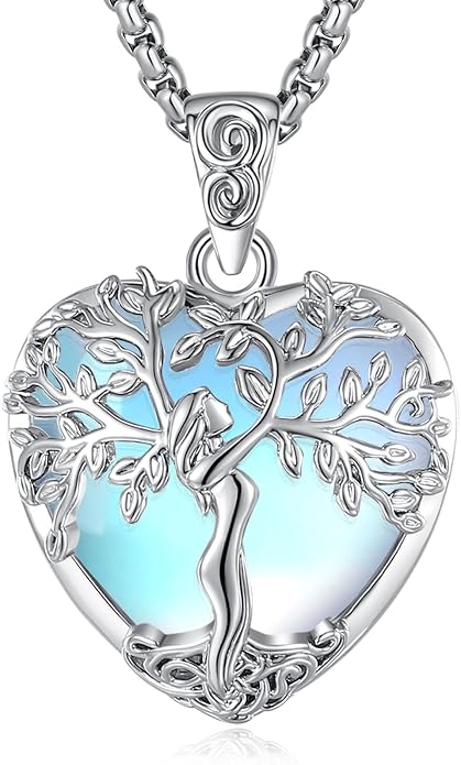 EUDORA Tree of Life Necklace with Moonstone Amethyst Obsidian Turquoise Healing Crystal for Women, Silver Plated Copper Mother Tree of Life Pendant Amulet Energy Jewelry, Gift for Women Mom, 20"+2"