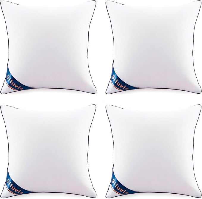 Siluvia Pillow Insert 18x18 Inch Set of 4 for Sofa, Couch, and Bed | 100% pure cotton shell, soft and breathable