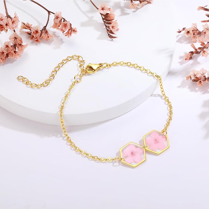 AUNTESIGN Forget-Me-Not Pressed Wildflower Bracelet | Pressed Flower Bracelet | Gold/Silver Pressed Flower Jewelry | Personalized Handmade Jewelry | Gift For Women