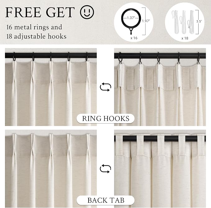 Topfinel 105 Inch Curtains 2 Panels Set,Two Packs Pinch Pleat Back Tab Linen Window Semi Sheer Privacy Thick Decorative Curtain Drapes for Living Room Bedroom,40x105 in Long,Birch