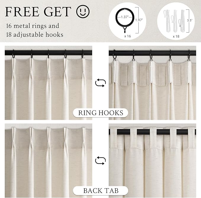 Topfinel Birch Pinch Pleated Linen Curtains 84 Inch Length 2 Panels for Bedroom Living Room Textured Semi Sheer Window Curtain Boho Neutral Back Tab Pinch Pleat Drape with Hooks 84 Inches Long