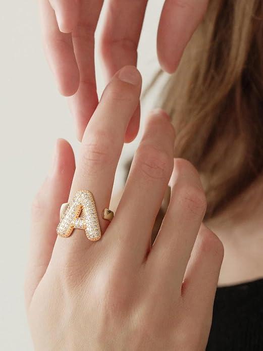 KeyStyle Bold Initial Letter Rings Adjustable, GoldChic Jewelry Women Gold Statement Ring Personalized Engraved Women’s Open Signet Ring for Party (Gold, White Gold, Black)