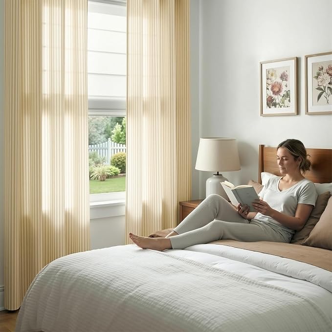 jinchan Linen Curtains 96 inch Yellow Stripe on White Grommet 2 Panels | Curtains for Living Room Bedroom,Ticking Vertical Stripe Pattern,Modern Farmhouse Drapes, Window Treatment,Light Filtering