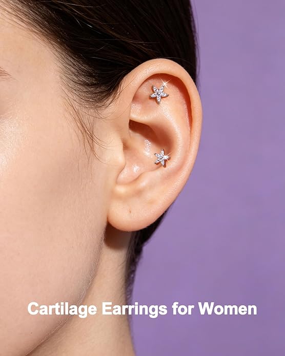 Jewseen 925 Sterling Silver Flat Back Stud Earrings 16g Internally Threaded Tragus Helix Earrings Flower Lip Stud Nose Piercing Jewelry for Women Men