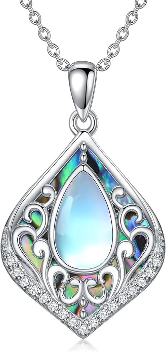 HPQQ Filigree Gemstone Necklace 925 Sterling Silver Teardrop Bohemian Necklace Abalone Shell Jewelry Birthday Gifts for Women