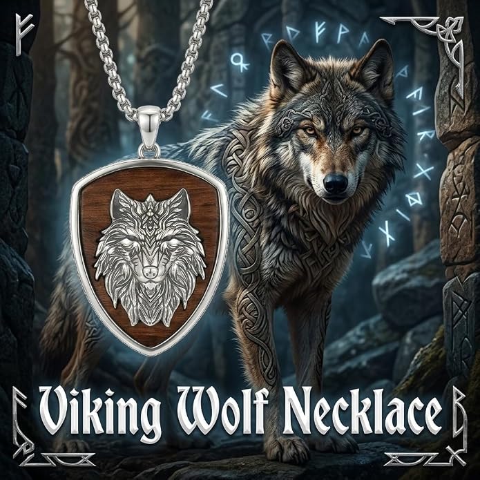 ONEFINITY Wooden Necklace Viking Wolf/St Benedict Medals/St Michael/Crucifix/St Christopher Pendant Necklace for Men Archangel Amulet Wooden Religious Jewelry Gifts for Men Women