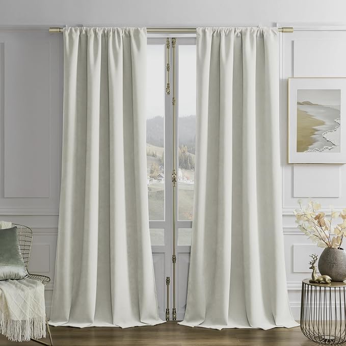 Joydeco Blackout Velvet Curtains Vanilla Grey 90 Inch Rod Pocket | Luxury Thermal Insulated Velvet Curtains for Bedroom Living Room, Soundproof Blackout Window Drapes