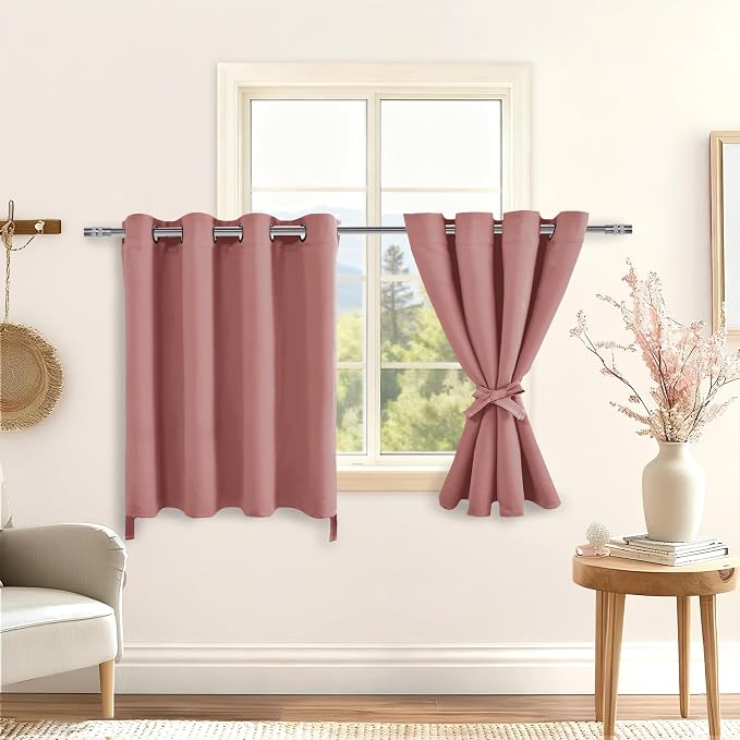 Hiasan RV Blackout Curtains for Bedroom, 52 x 36 Inches Long - Thermal Insulated & Energy Saving Window Curtains for Living Room, 2 Drape Panels Sewn with Tiebacks, Dusty Rose