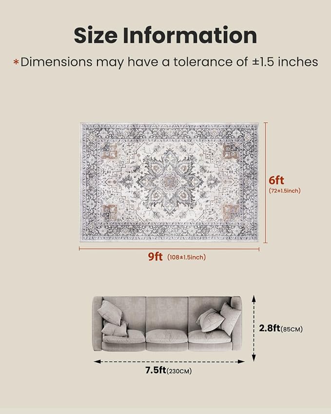 AMADA HOMEFURNISHING 6x9 Area Rugs, Blue Low-Profile Washable Rug with Non-Slip Backing & Durable Edge Binding, Vintage Rugs for Living Room, Bedroom, Dinning Room
