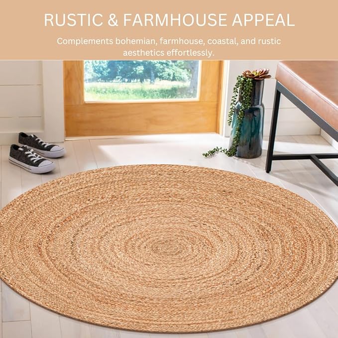 Handcrafted Jute Braided Rug 8 Feet Round - 100% Natural Jute Area Rug - Rustic Farmhouse Boho Accent Rug for Living Room Bedroom Kitchen Entryway Reversible Handwoven Floor Rug