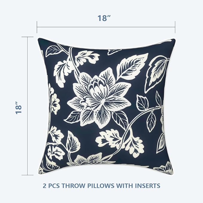 LVTXIII Outdoor Throw Pillows 18x18 Patio Waterproof Square Pillows with Piping Fade Resistant Accent Pillow for Spring Summer Garden Decoration, Set of 2, Elegant Vines Navy