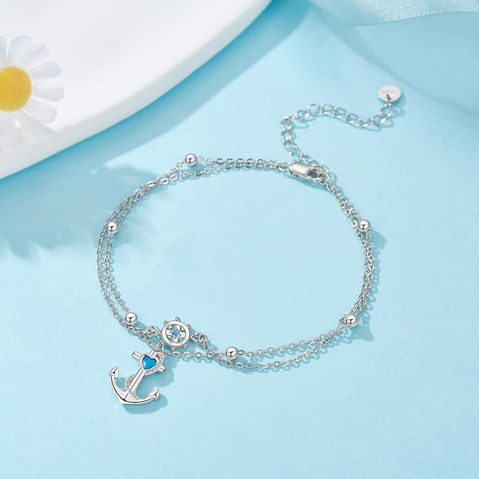 YFN Anchor Anklet 925 Sterling Silver Anchor and Ship Wheel Layered Ankle Bracelet Nautical Sailor Jewelry Gifts for Women