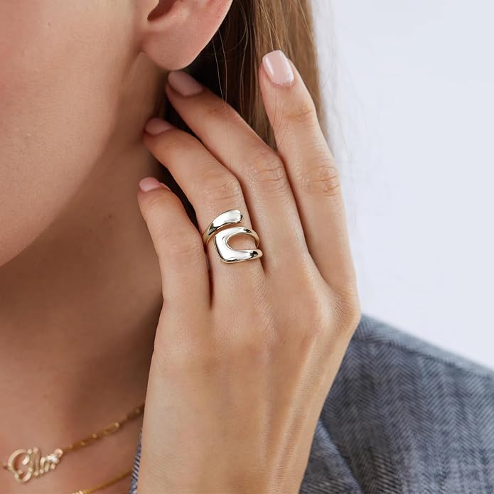 Gelbesty Waterproof Gold Statement Rings for Women, 14K Gold Plated Chunky Open Stackable Rings Non Tarnish Fashion Adjustable Stainless Steel Pinky Knuckle Signet Vintage Ring Jewelry Size 5-11