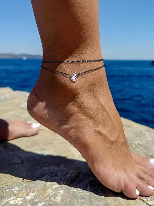 Richsteel Double Layer Heart/Butterfly Birthstone Anklet for Women Non Tarnish Waterproof, Silver/Gold/Black Stainless Steel 8.5-10.5 Inch Adjustable Chain Anklets Jewelry Gifts for Her