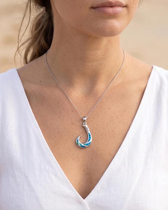 Created Blue Opal Ocean Necklace for Women, 925 Sterling Silver Pendant, 18 Inch Chain, Beach and Sea Life Jewelry Collection