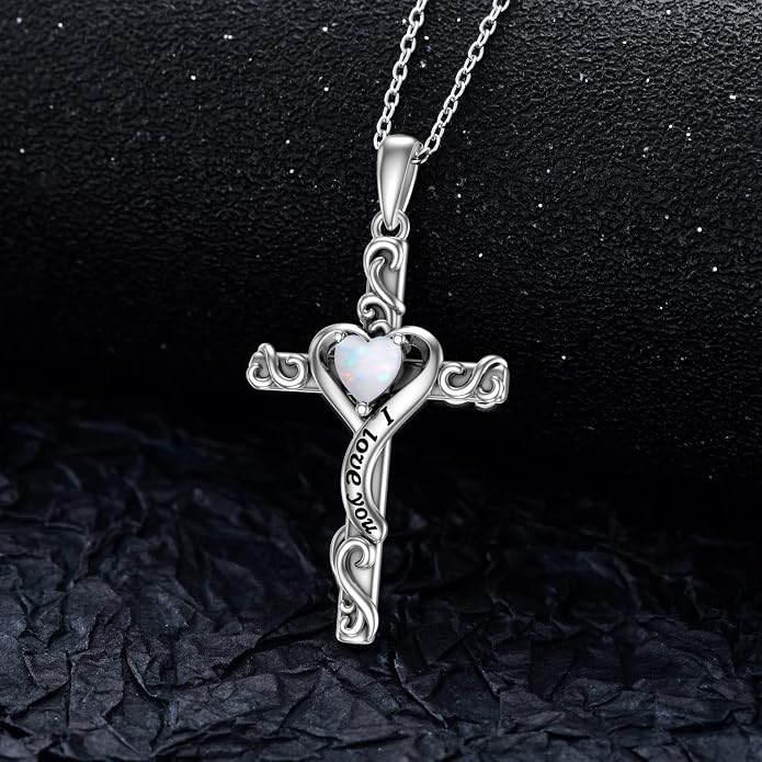 TOUPOP Cross Birthstone Necklace for Women 925 Sterling Silver Heart Cross Pendant I Love You Jewelry Anniversary Birthday Mothers Day Gifts for Mom Wife Her