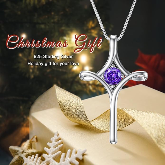 TOUPOP Cross Necklace for Women 925 Sterling Silver Birthstone Cross Pendant Fine Jewelry Anniversary Birthday Mothers Day Gifts for Mom Wife Her