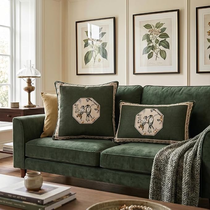ISAENNE Vintage Elegant Linen Square Throw Pillow Cover,18"x18"-Murad E | Designer French Green Pillow Cover,Concealed Zipper Design,Floral and Bird Pattern,Sofa,Bedroom,Living Room,Lounge Chairs