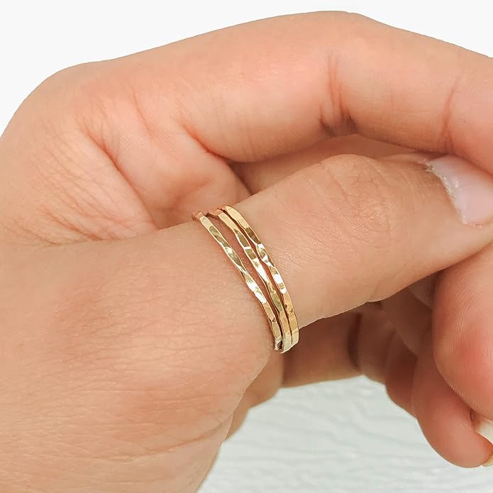 Ellie J Maui Hammered Ring, 1mm Thin Stacking Rings, Minimalist Rings for Women, 14K Gold Filled Rings for Teen Girls Midi Knuckle Pinky Finger Jewerly (Size 3-11)