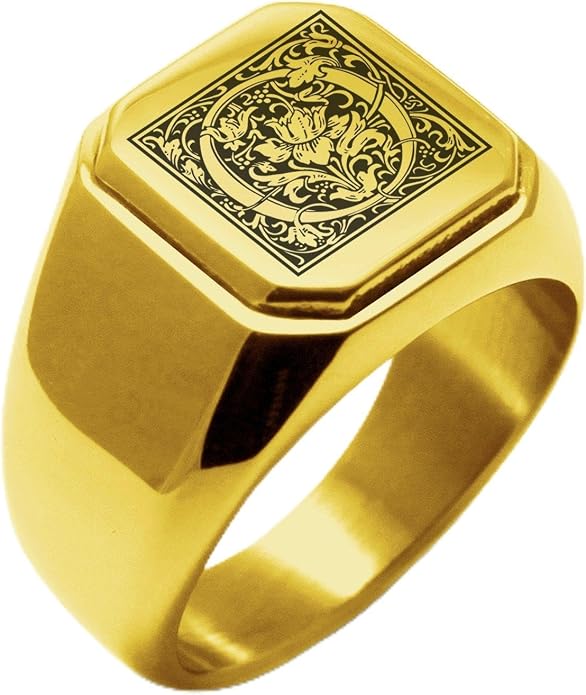 Jewelry | Stainless Steel Letter Alphabet Initial Ring | Square Flat Top Ring for Men & Women | Stainless Steel Jewelry, (Black, Gold, Silver), Size 7-16