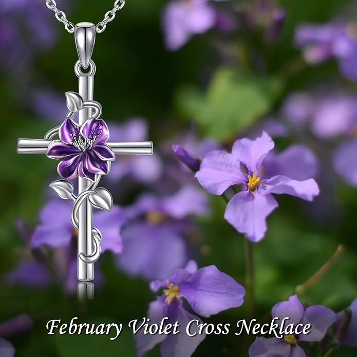 Flower Cross Necklace 925 Sterling Silver Carnation/Rose/Lily/Daisy Cross Necklace Birth Flower Jewelry for Women