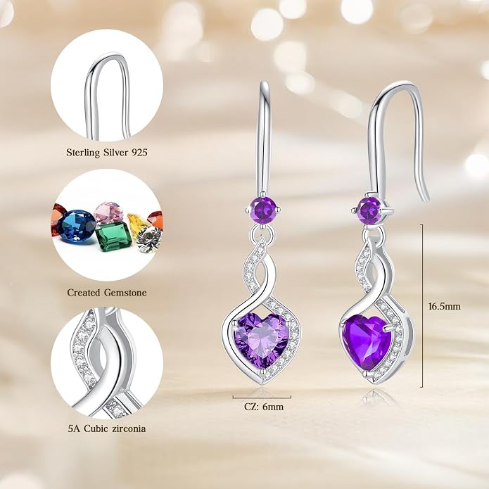 FANCIME Heart Infinity Dangle Drop Earrings 925 Sterling Silver Heart Gemstone Birthstone Earring