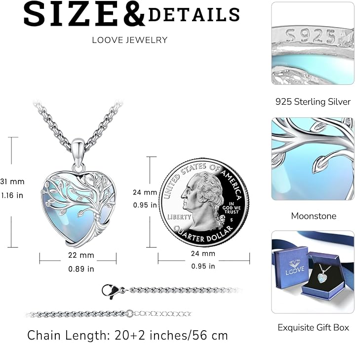Tree of Life Necklace for Women Sterling Silver Celtic Moon Tree Moonstone Turquoise Pendant Heart Family Tree Necklace for Mother Daughter Sister Gifts