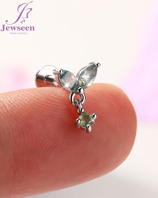 Jewseen Celtic knot&Butterfly Moss Agate Stud Earrings Dangle Internal Threaded Flat Back 16g 8mm Hypoallergenic 925 Sterling Silver Piercing Jewelry for Cartilage Lip Conch Tragus Helix