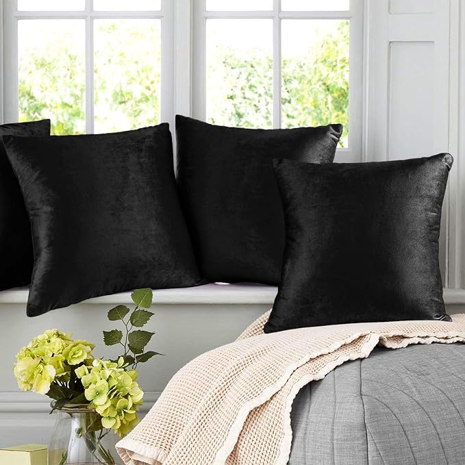 Nestl Throw Pillow Covers, Cozy Velvet Decorative Outdoor Pillow Covers 16 x 16 Inches, Soft Solid Cushion Covers for Sofa, Bed and Car, Set of 2 - Black