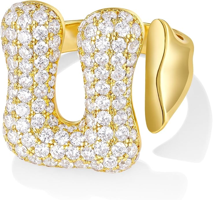 KissYan Bubble Initial Ring for Women, 14K Gold Plate Balloon Jumbo Letter Rings Open Adjustable Dainty Pave CZ Personalized Fashion Jewelry Gift for Mother's Day
