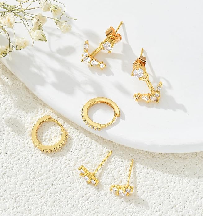 6 Pairs 14K Gold Plated Stud Earrings for Women, Hypoallergenic Cartilage Earrings for Multiple Piercing, Dainty Small Stackable Earrings Set for Jewelry Gift