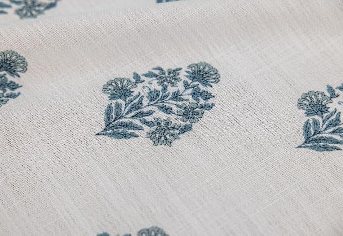 DrapePalette - Linen Blend Pinch Pleated Curtains 108 Inches Long for Living Room, Bedroom, Dining Room, Light Filtering Curtains 2 Panels Set, Modern Floral Printed Design, Kashmir Blue, 30"W x 108"L