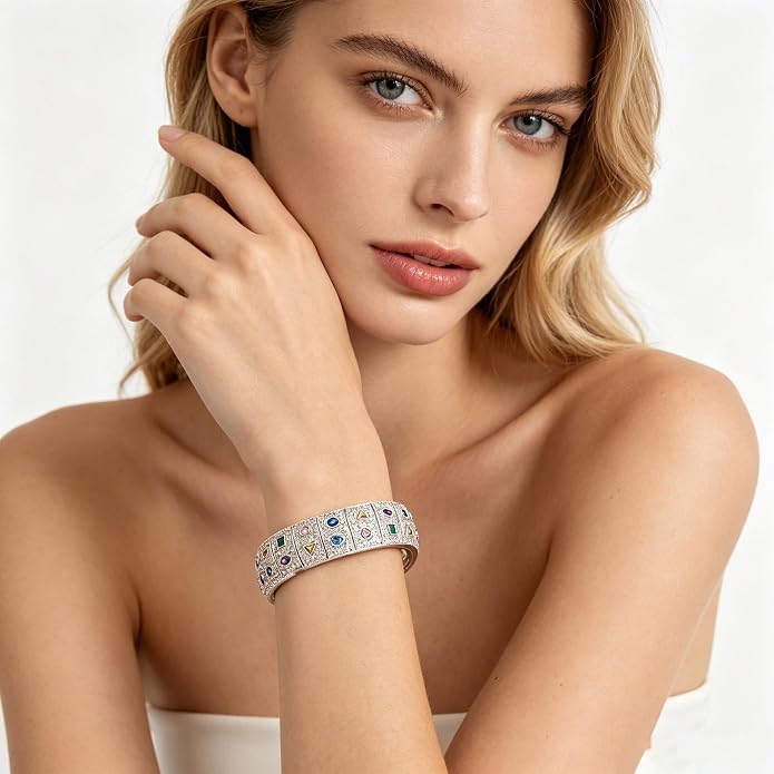 Gold Silver Plated Inspirational Cuff Bangle Bracelets for Women, Multicolor Crystal Statement Jewelry with Gift Box, Encouraging Bracelet Gift for Her Birthday Christmas