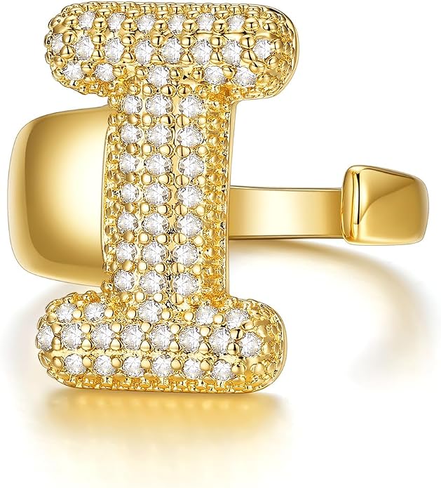 KeyStyle Bold Initial Letter Rings Adjustable, GoldChic Jewelry Women Gold Statement Ring Personalized Engraved Women’s Open Signet Ring for Party (Gold, White Gold, Black)