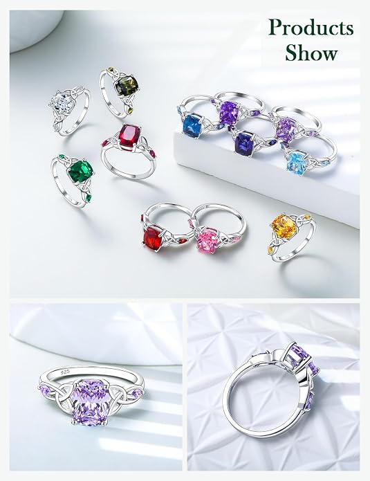925 Sterling Silver Birthstone Rings for Women Cushion Cut Engagement Celtic Knot Ring Irish Jewelry Created Gemstone Anniversary Rings Size 6-10(with Box)
