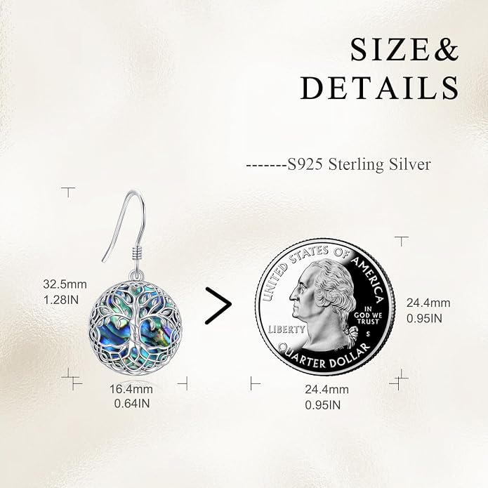 VONALA Tree of Life Earrings 925 Sterling Silver Celtic Tree Abalone Shell Leverback Drop Dangling Earrings Birthday Anniversary Christmas Jewelry Gifts for Women