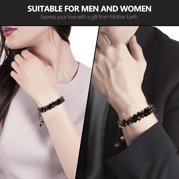 Triple Protection Bracelet, Genuine Tigers Eye Black Obsidian and Hematite 8mm Beads Bracelet for Men Women, Crystal Jewelry Stone Bracelets Gifts for Men Bring Luck Prosperity