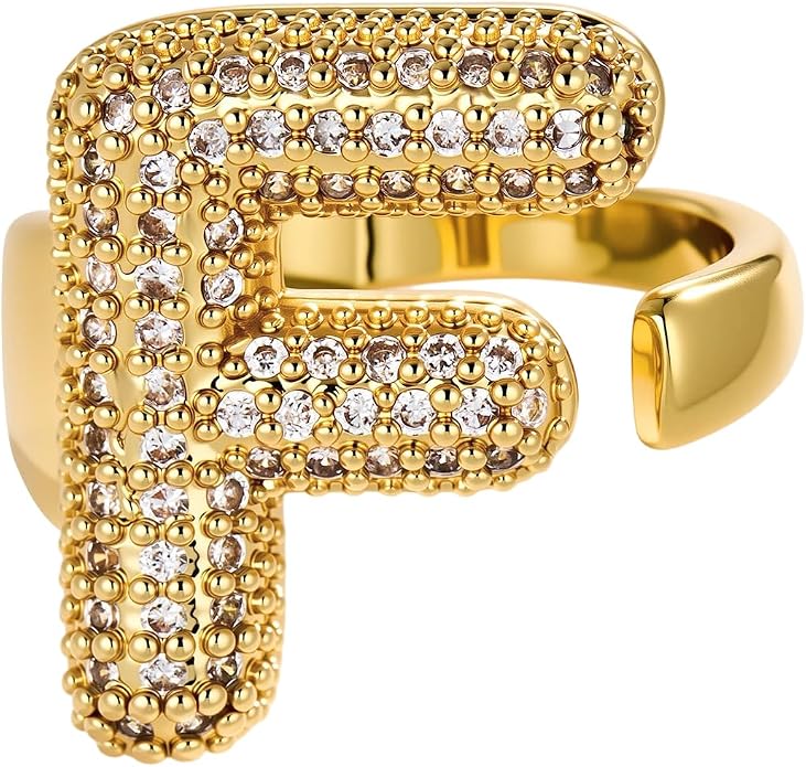 Cicy Bell Initial Rings for Women 14k Gold Plated Cubic Zirconia Delicate Letter Chunky Statement Open Rings Gifts for Her