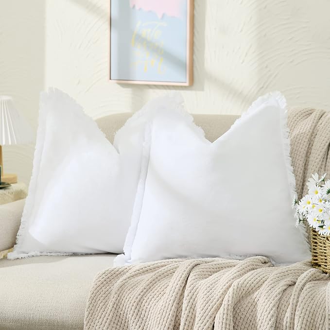 ZWJD Pillow Covers 24x24 Set of 2 White Throw Pillow Covers with Fringe Chic Cotton Decorative Pillows Square Cushion Covers for Sofa Couch Bed Living Room Farmhouse Boho Decor