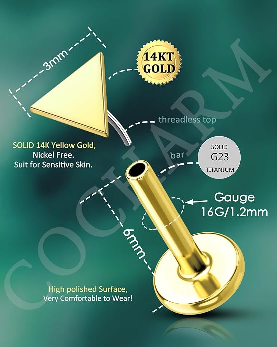 COCHARM 14K Real Gold Helix Tragus Cartilage Piercing Jewelry-Titanium Post-Threadless Tragus Conch Cartilage Earring Stud Flat Back 16g Labret Stud 6mm, 8mm Push Pin Triangle Medusa Jewelry