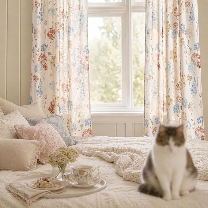 jinchan Floral Linen Curtains 84 Inch Vintage Cottagecore Back Tab 2 Panels | Light filtering drapes, semi sheer, farmhouse, botanical, watercolor, living room, bedroom, rod pocket, window treatment