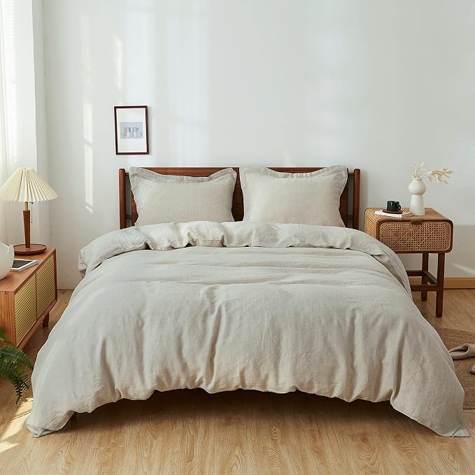 Simple&Opulence 100% Linen Duvet Cover Set 2pcs Basic Style Natural French Washed Flax Solid Color Soft Breathable Farmhouse Bedding with Button Closure - Linen, Twin