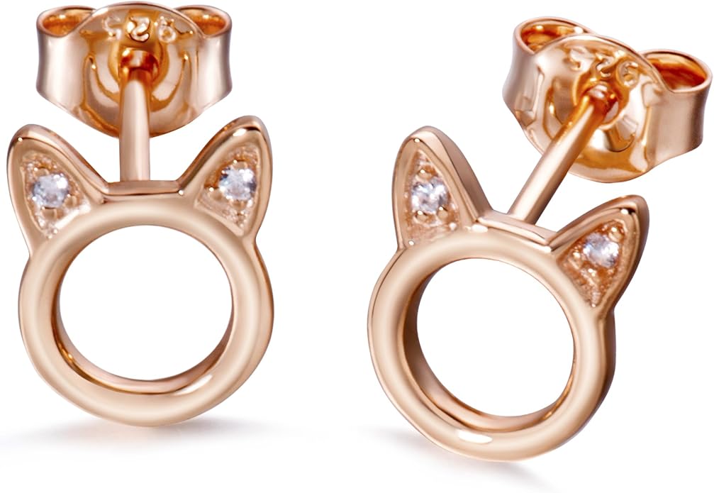 Cat Stud Earrings for women Sterling Silver Hypoallergenic Tiny Small Cute Gold Plated Cubic Zirconia Earrings for Women Girls Birthday Gifts