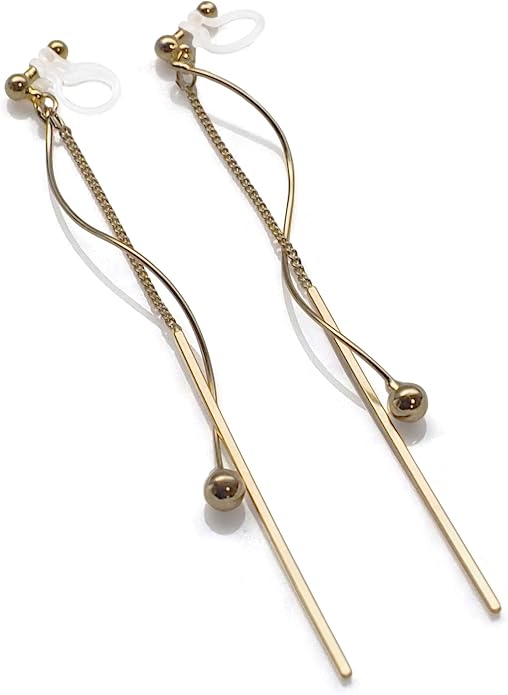 Comfortable Stick Invisible Clip On Earrings Gold Dangle Long Waved Threader Bar Clip-On Non Pierced Earrings Silver For Women,…