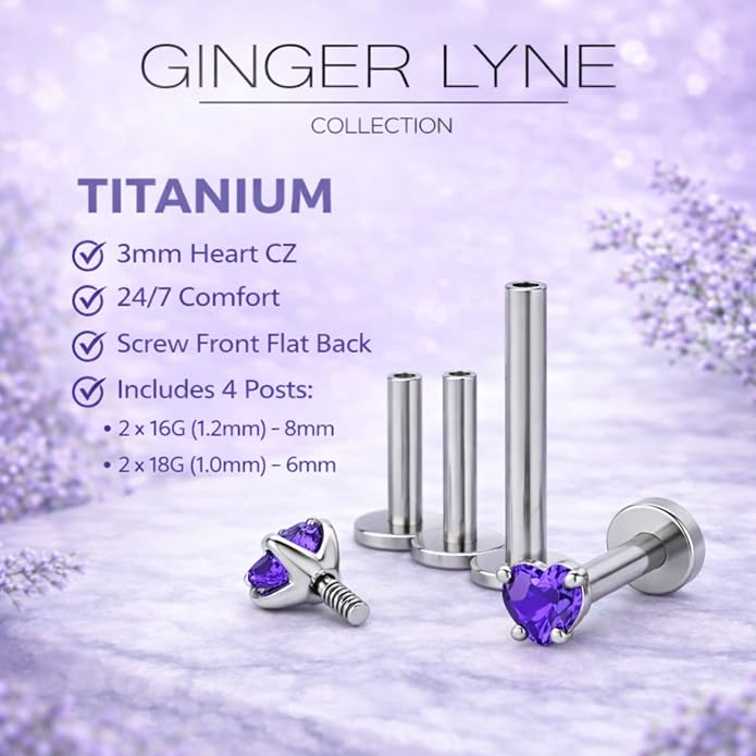 Titanium Heart CZ Labret Stud Earrings for Piercings by Ginger Lyne 6Pc Set G23 Screw Front Flat Back Body Jewelry 2 pair post 6mm, 8mm Cartilage, Helix, Tragus, Lip, Conch, Lobe