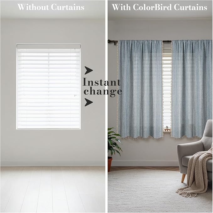 ColorBird Blue Boho Curtains Linen-Textured for Living Room Bedroom Light Filtering 2 Panels 63 Inch Farmhouse Embroidered Striped Curtains & Drapes for Dining Room Kitchen Window Treatments