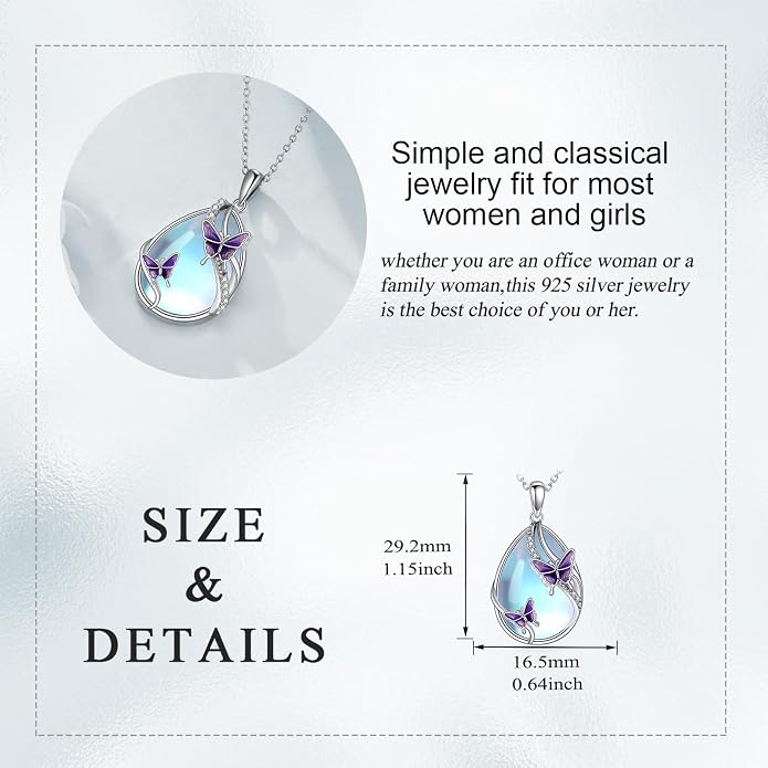 KQF Dragonfly/Butterlfy/Cat/Jellyfish/Bunny/Axolotl/Bee/Mermaid/Hummingbird/Elephant Necklace for Women Sterling Silver Moonstone Pendant Necklace Dragonfly Jewelry Gifts for Women